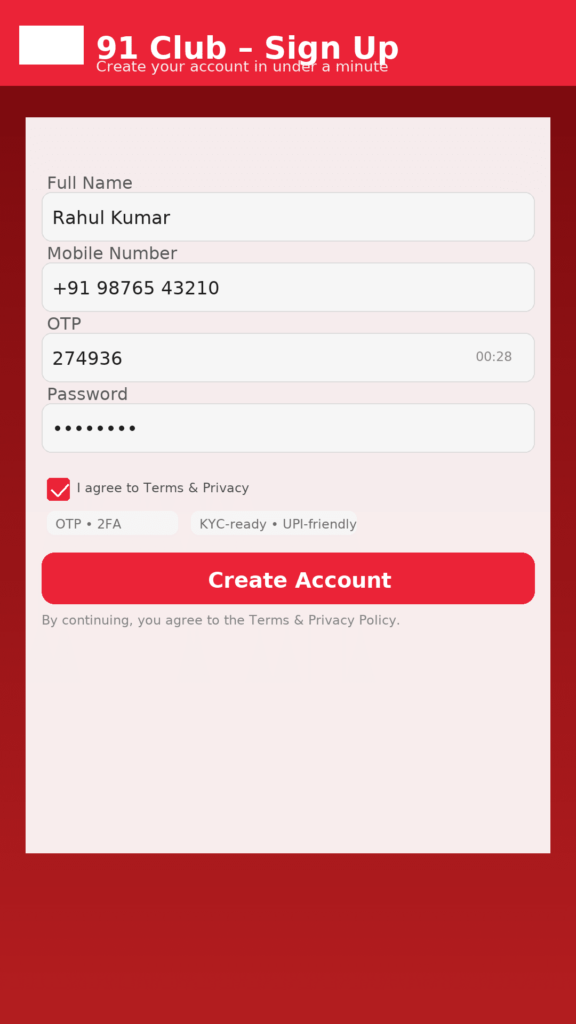 91 Club Sign Up with Mobile Number